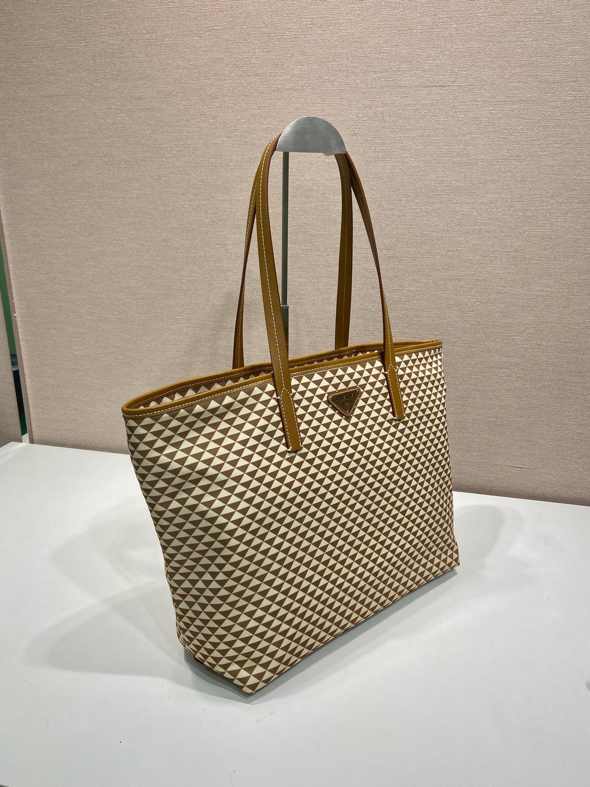 PRADA TOTE BAG 33 IN BROWN MIX CREAM TRIANGLE PATTERN EMBROIDERED FABRIC