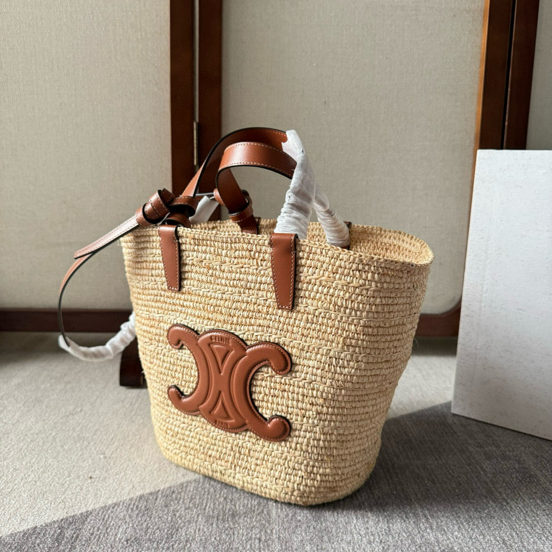 CELINE TEEN SUPPLE CLASSIC PANIER IN RAFFIA AND CALFSKIN TAN