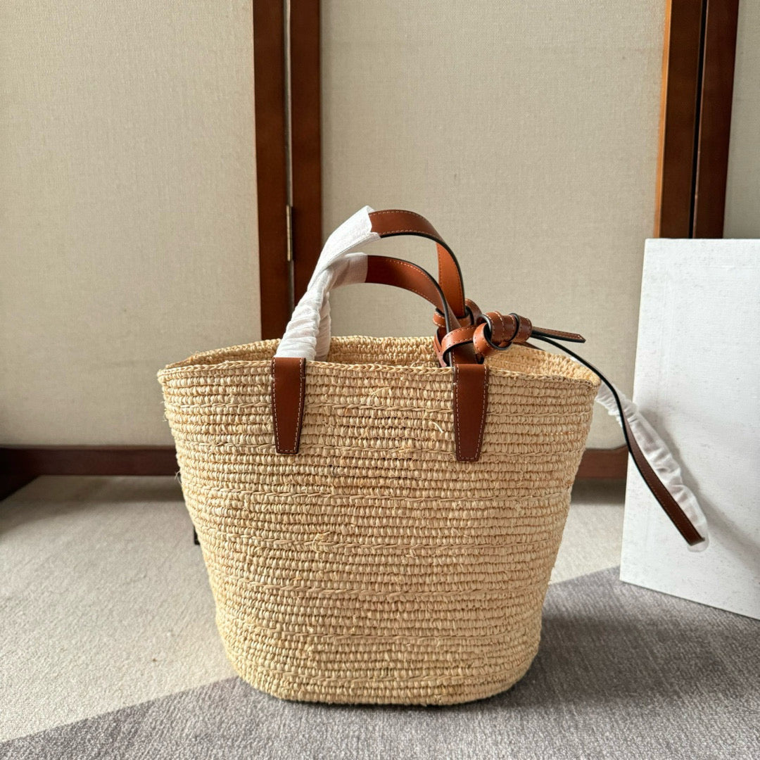 CELINE TEEN SUPPLE CLASSIC PANIER IN RAFFIA AND CALFSKIN TAN