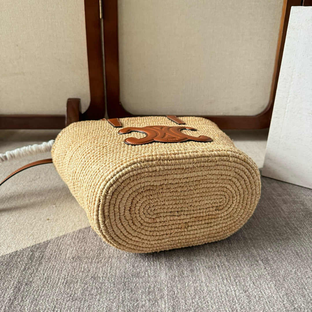 CELINE TEEN SUPPLE CLASSIC PANIER IN RAFFIA AND CALFSKIN TAN