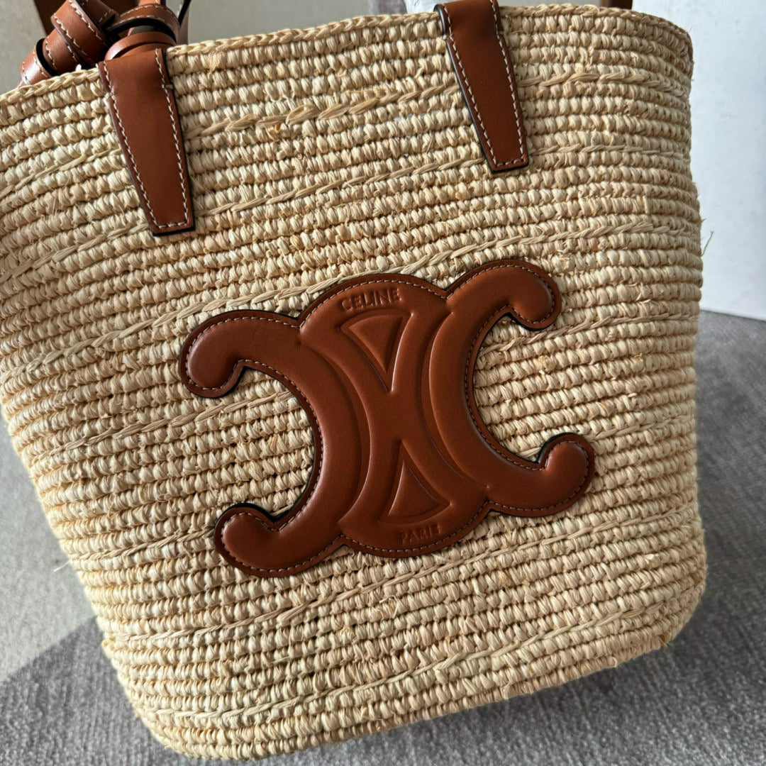 CELINE TEEN SUPPLE CLASSIC PANIER IN RAFFIA AND CALFSKIN TAN