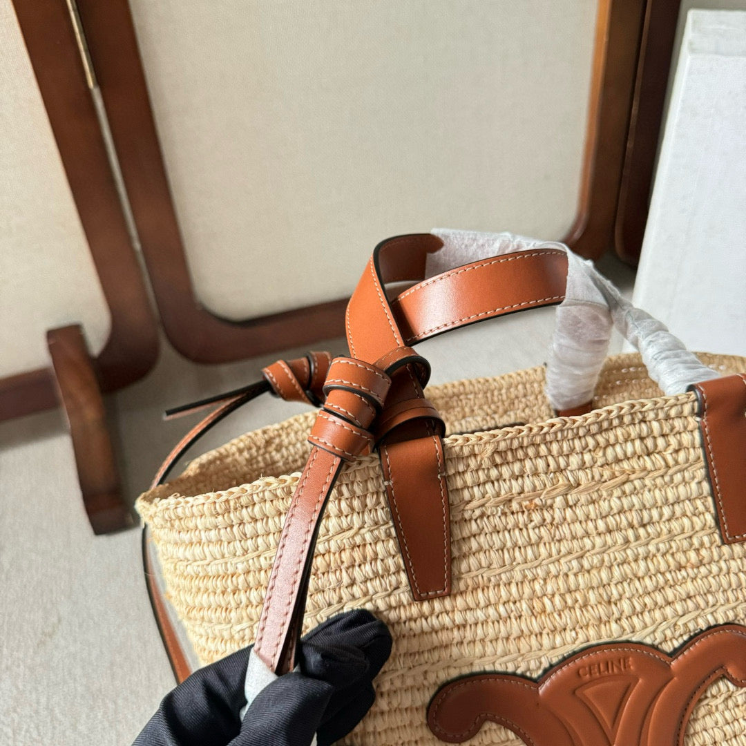 CELINE TEEN SUPPLE CLASSIC PANIER IN RAFFIA AND CALFSKIN TAN