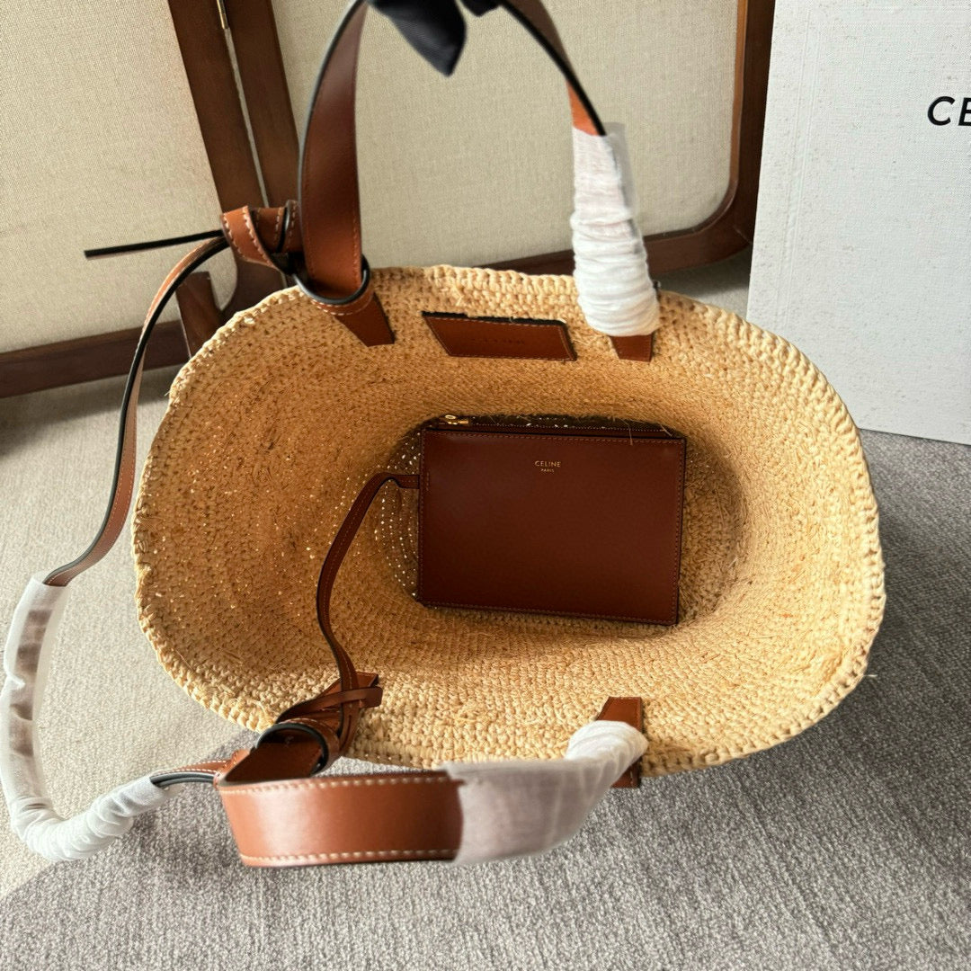 CELINE TEEN SUPPLE CLASSIC PANIER IN RAFFIA AND CALFSKIN TAN