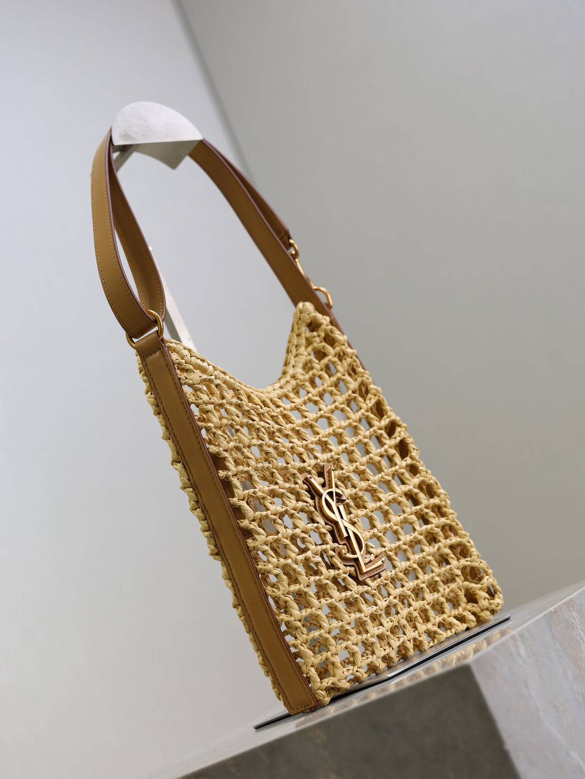 SAINT LAURENT OXALIS 25 IN RAFFIA CROCHET AND LEATHER VINTAGE BROWN