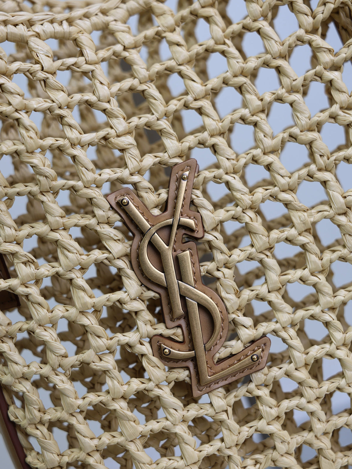 SAINT LAURENT OXALIS 25 IN RAFFIA CROCHET AND LEATHER VINTAGE BROWN