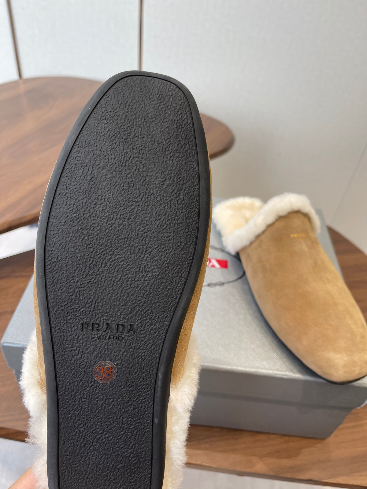 PRADA 25S CLOGS IN LIGHT BROWN SUEDE FUR-LINED