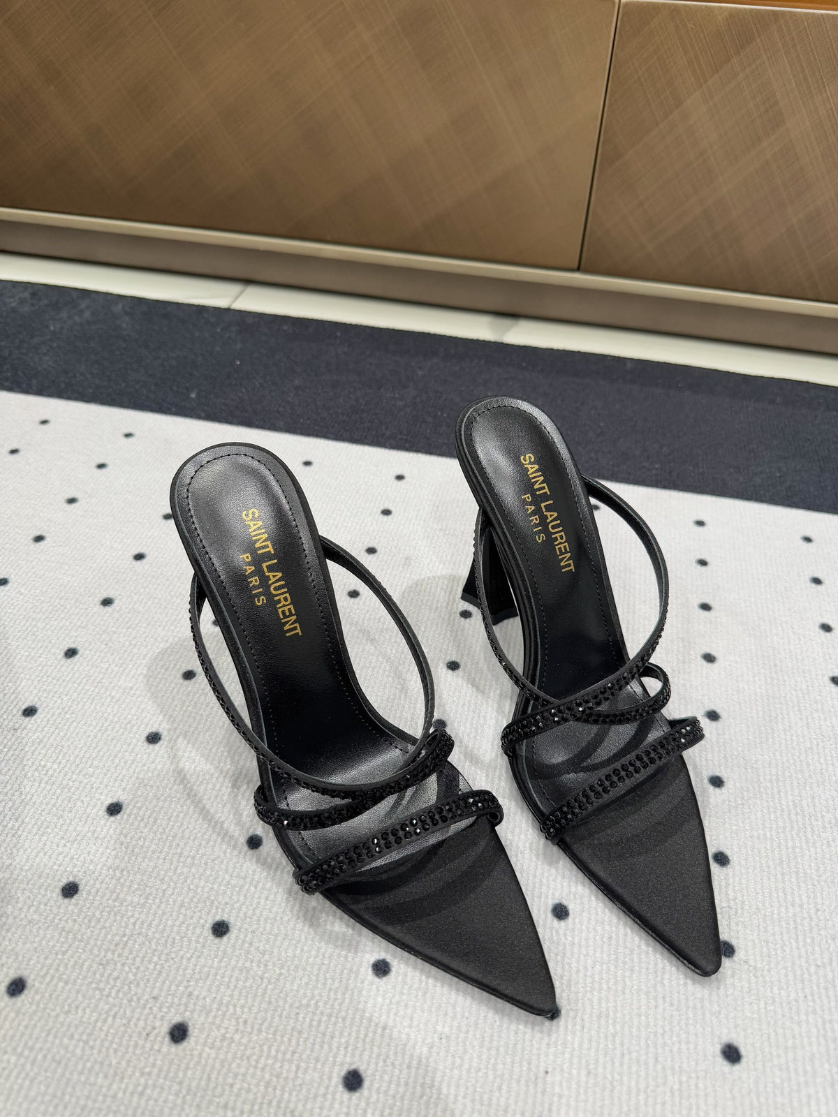 HIGH CRYSTAL STRAP SANDALS IN BLACK SILK