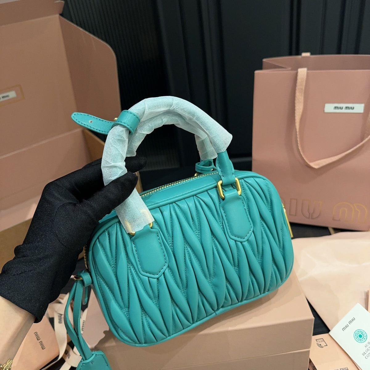 MIU MIU ARCADIE MATELASSÉ BAG 20 IN HIPPIE BLUE LAMBSKIN GOLD HARDWARE