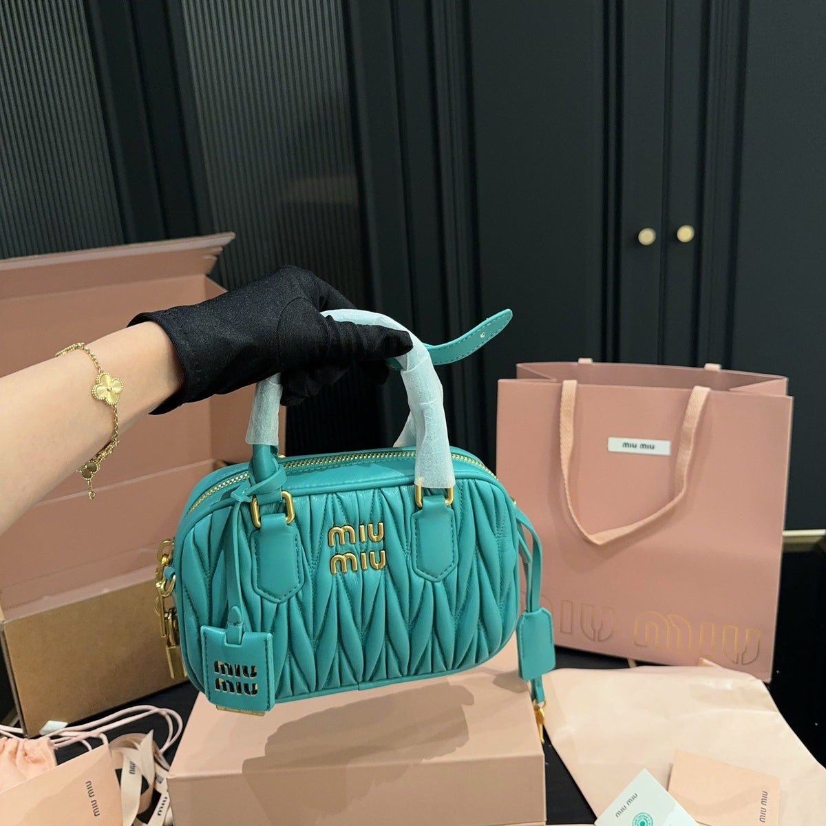 MIU MIU ARCADIE MATELASSÉ BAG 20 IN HIPPIE BLUE LAMBSKIN GOLD HARDWARE