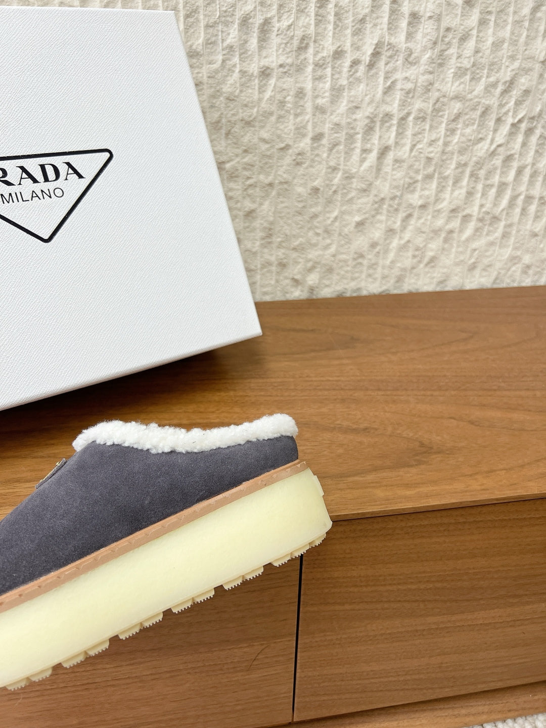 PRADA 25S PLATFORM FUR-LINED MULES IN RK GREY SUEDE