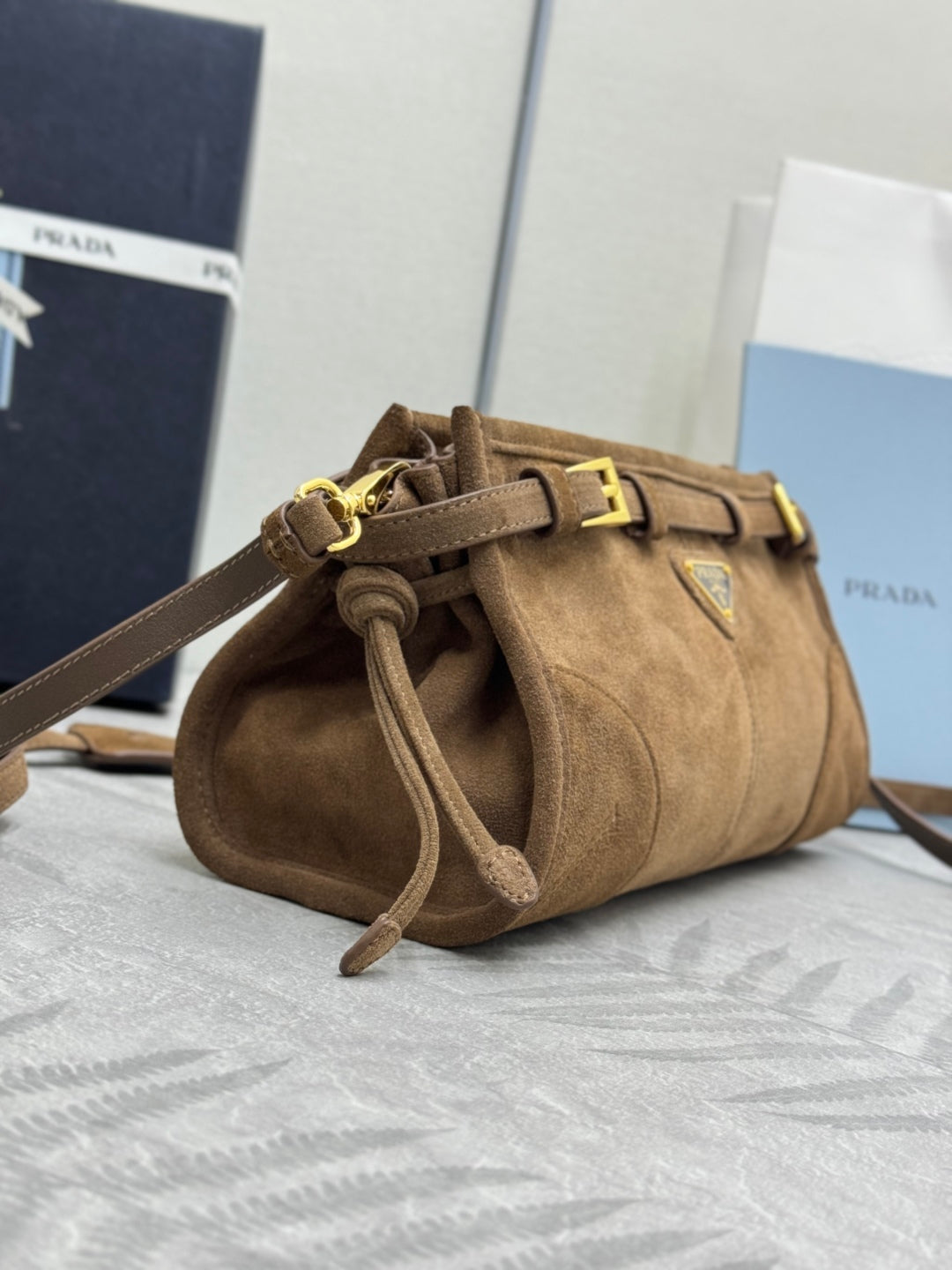 PRADA 25S BONNIE SMALL SHOULDER BAG 26 IN BROWN SUEDE GOLD HARDWARE