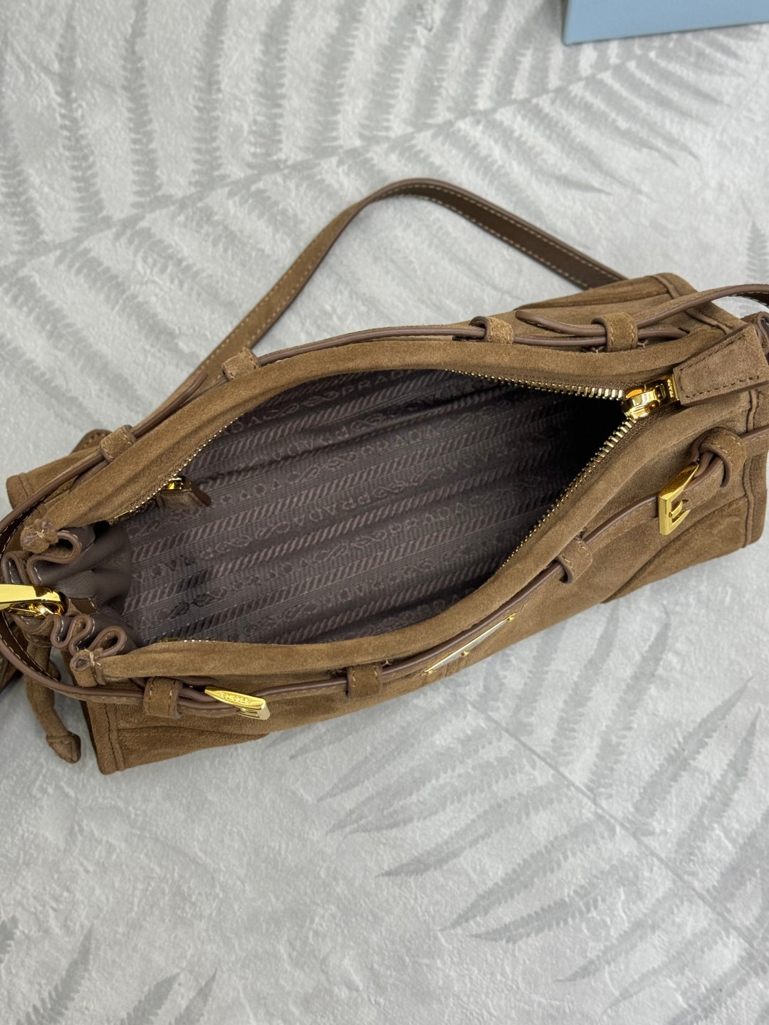 PRADA 25S BONNIE SMALL SHOULDER BAG 26 IN BROWN SUEDE GOLD HARDWARE