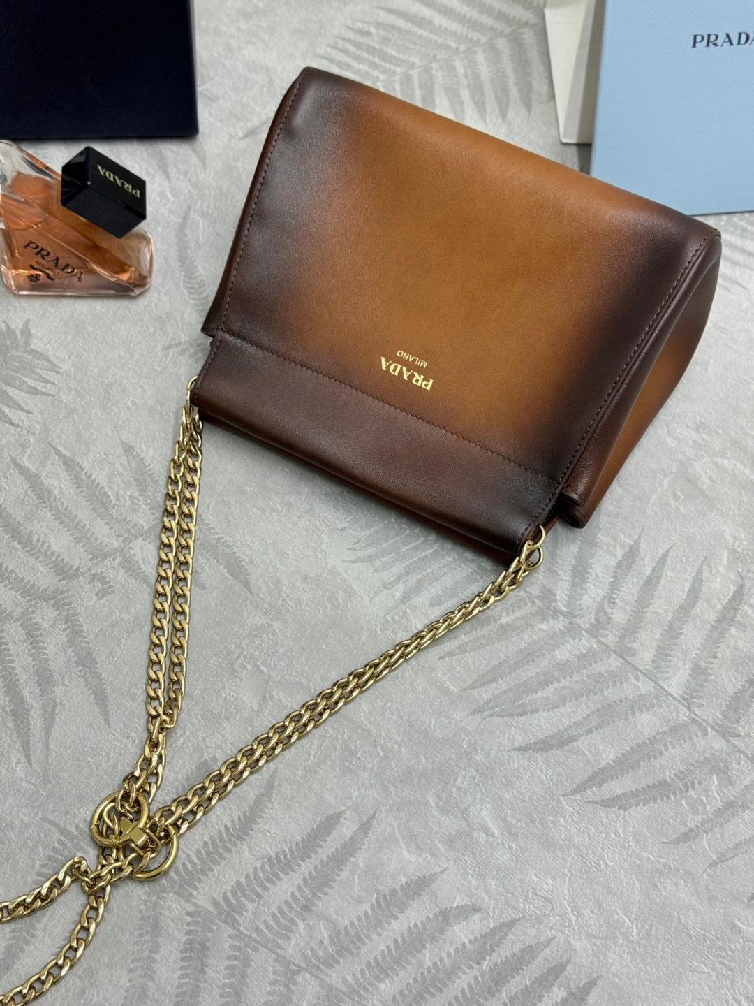PRADA 25S ENCHAINE MINI BAG 22 IN COGNAC CALFSKIN GOLD HARDWARE