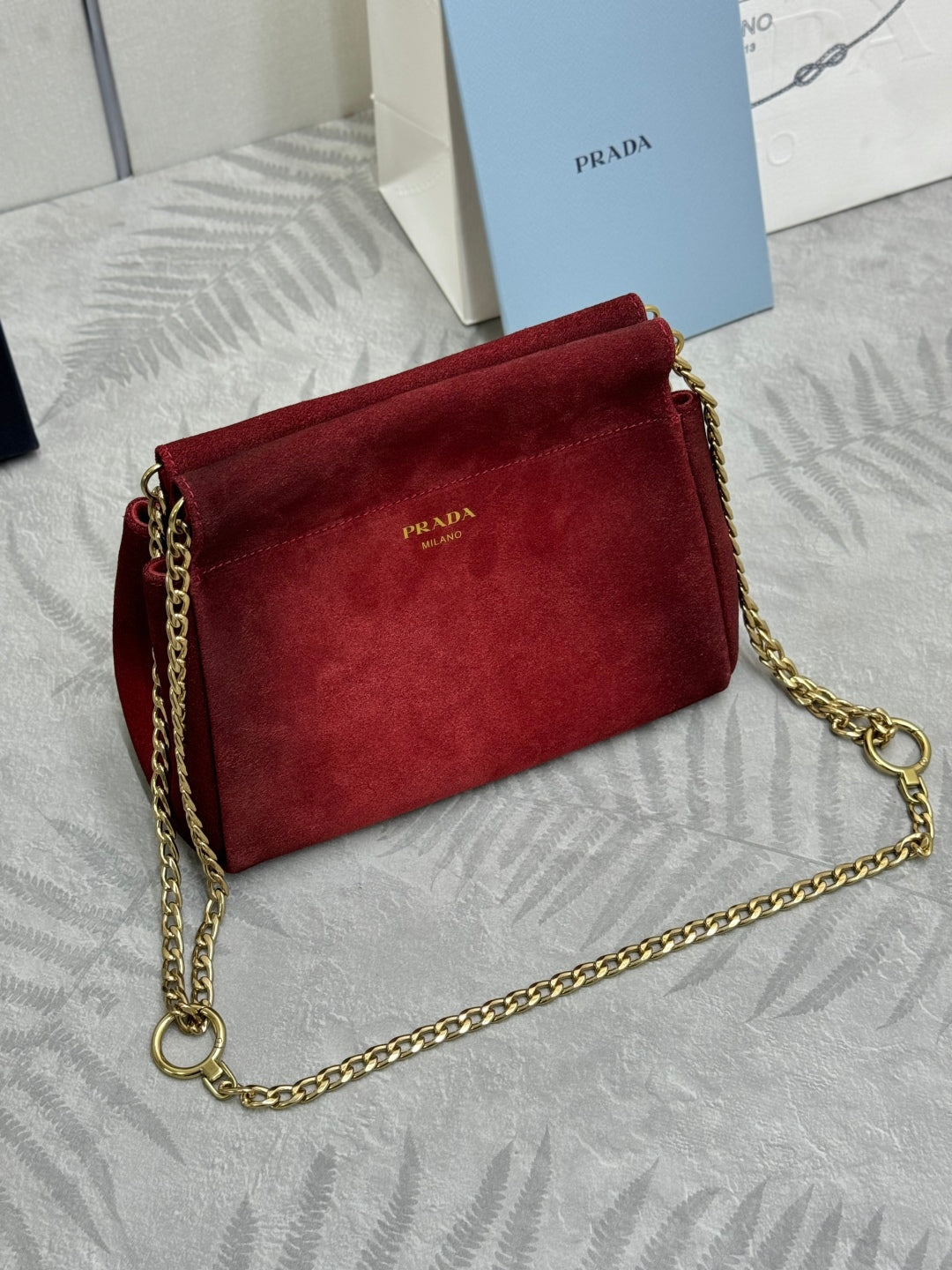 PRADA 25S ENCHAINE MINI BAG 22 IN RUBY RED SUEDE GOLD HARDWARE