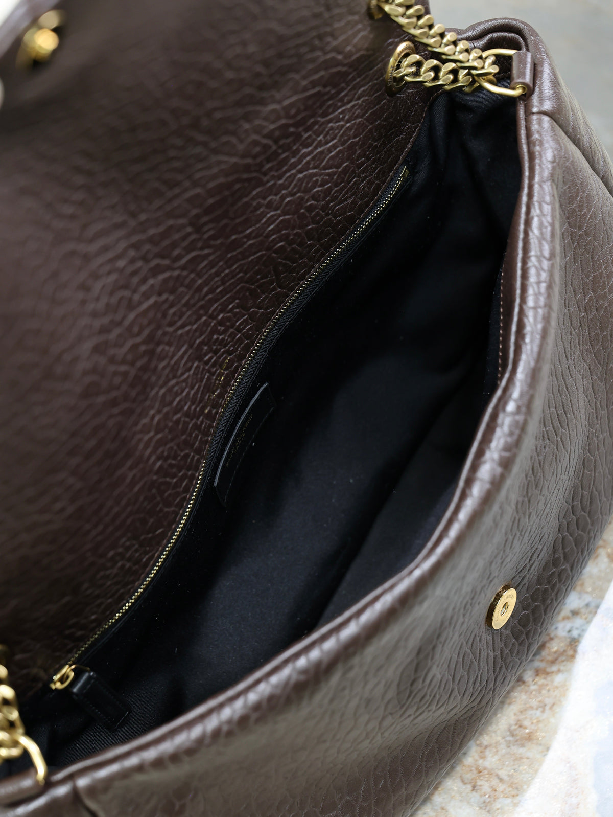 SAINT LAURENT YSL 25S CALYPSO GM 38 IN DARK CHOCOLATE CALFSKIN GOLD HARDWARE