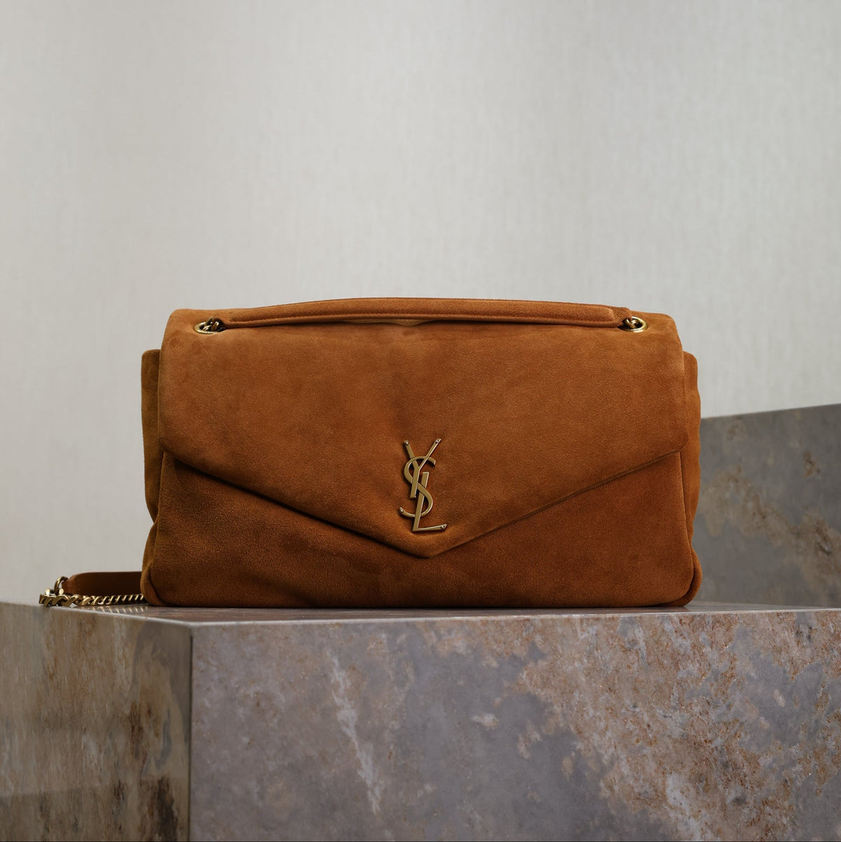 SAINT LAURENT YSL 25S CALYPSO GM 38 IN DARK CARAMEL SUEDE GOLD HARDWARE