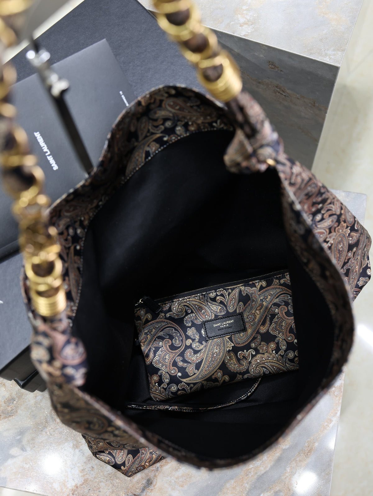 SAINT LAURENT YSL 25S AMALIA 50 IN NAVY MULTICOLOR SILK TWILL GOLD HARDWARE