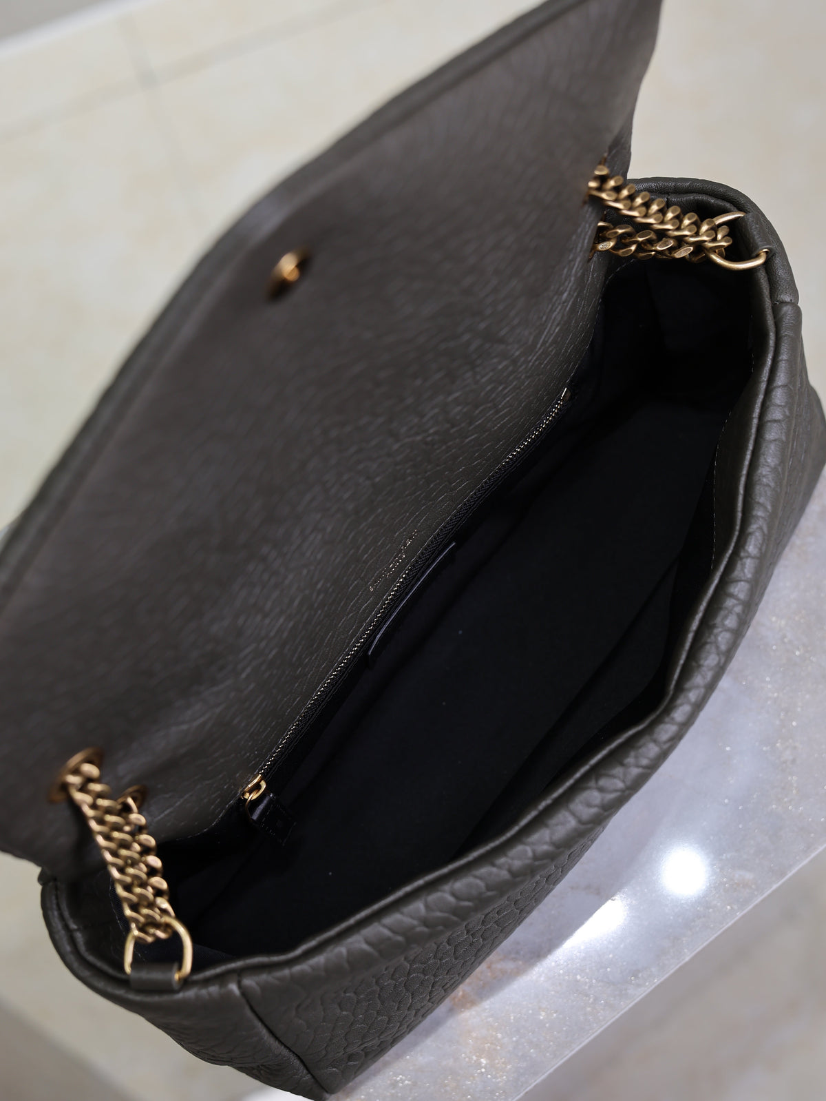 SAINT LAURENT YSL 25S CALYPSO 30 IN DARK OLIVE GRAINED CALFSKIN GOLD HARDWARE