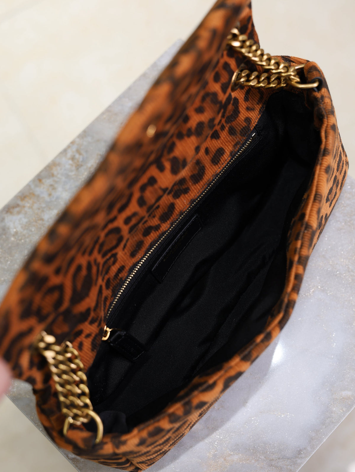 SAINT LAURENT YSL 25S CALYPSO HANDBAG 26 IN BROWN LEOPARD PRINT VELVET GOLD HARDWARE