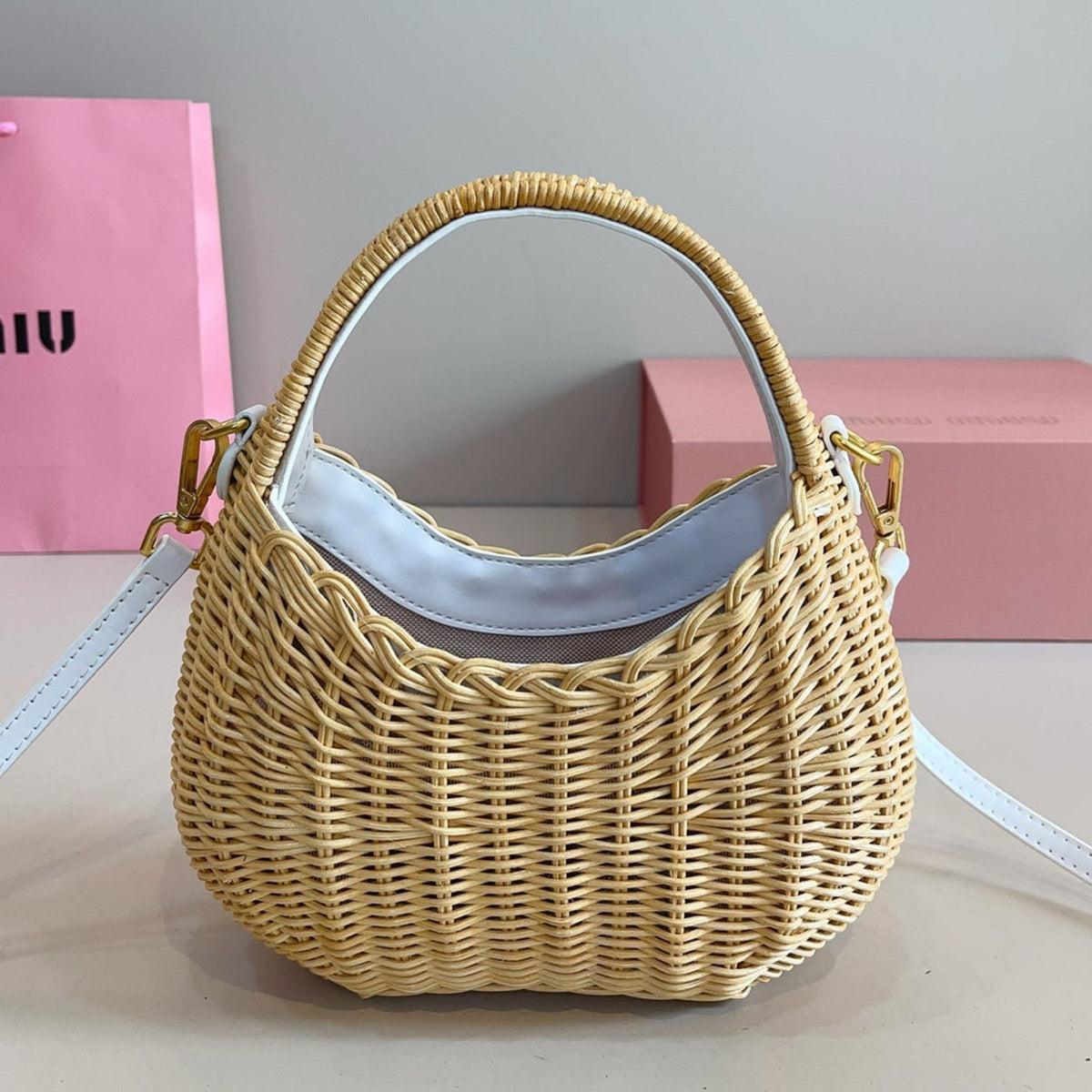 MIU MIU WANDER WICKER HOBO BAG 13 IN TAN BROWN HANDWOVEN WITH WHITE CALFSKIN LOGO