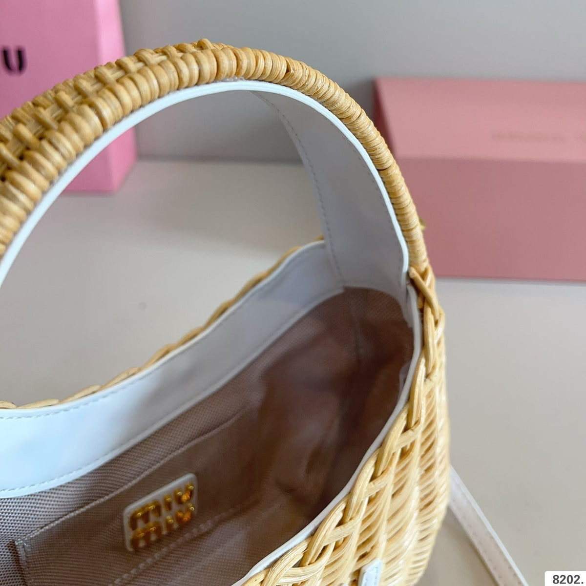 MIU MIU WANDER WICKER HOBO BAG 13 IN TAN BROWN HANDWOVEN WITH WHITE CALFSKIN LOGO