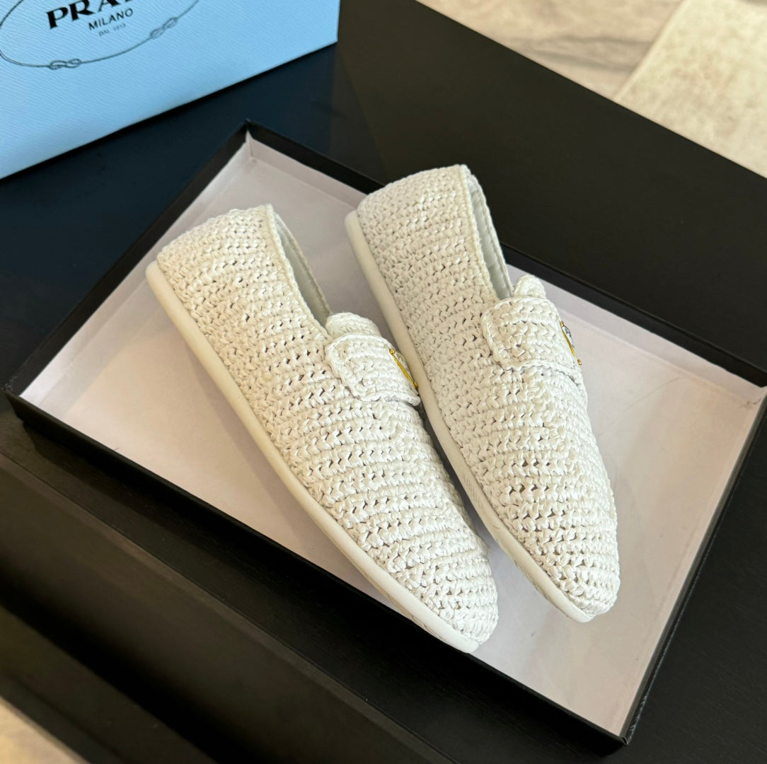 PRADA CROCHET LOAFERS WHITE CALFSKIN