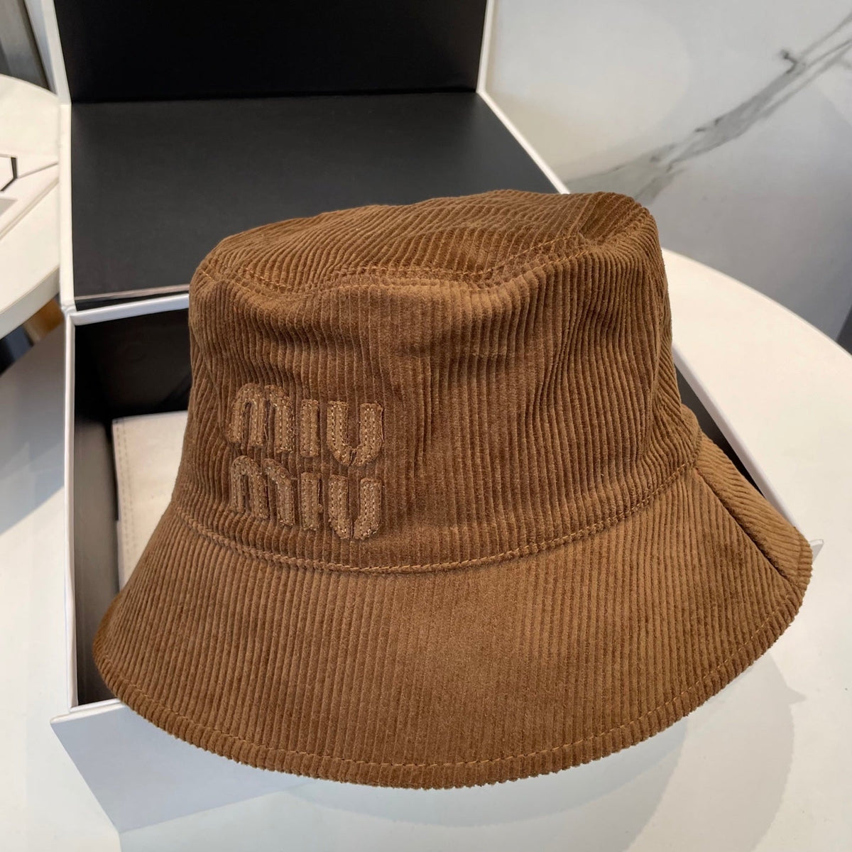 MIU MIU MM BUCKET IN BURNT ORANGE VELVET WITH LOGO
