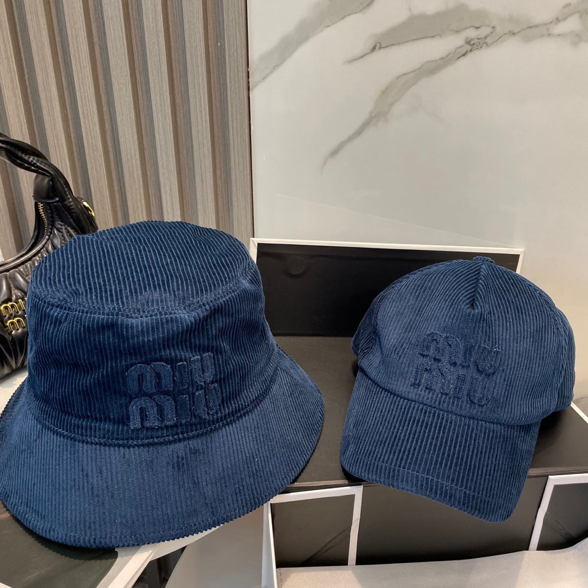 MIU MIU MM BUCKET IN NAVY BLUE VELVET WITH LOGO