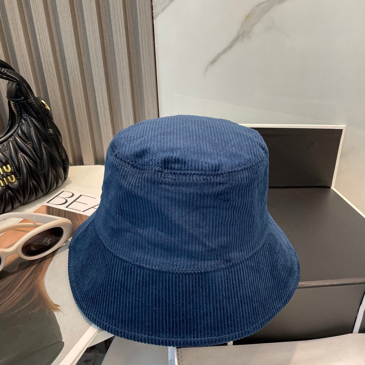 MIU MIU MM BUCKET IN NAVY BLUE VELVET WITH LOGO