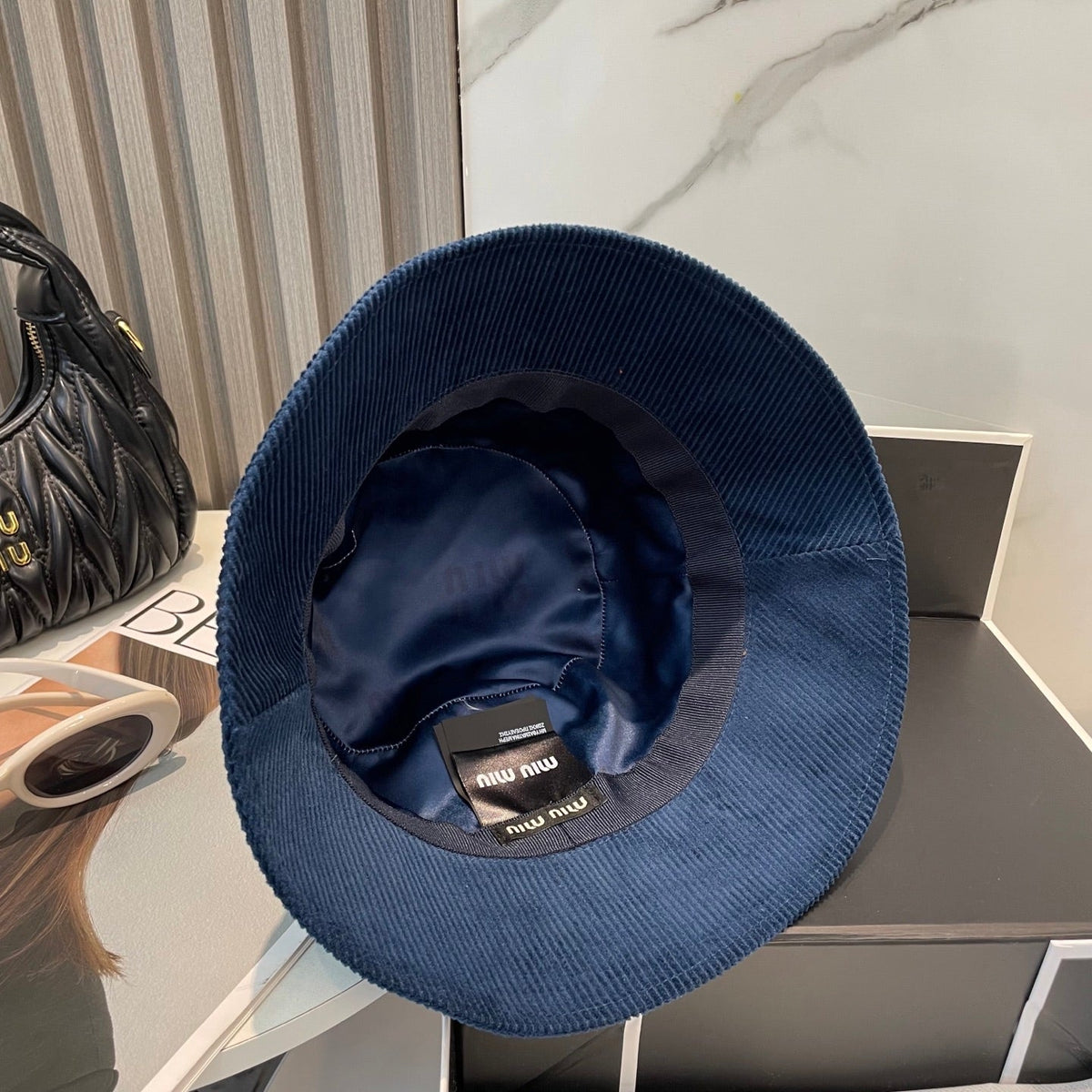 MIU MIU MM BUCKET IN NAVY BLUE VELVET WITH LOGO