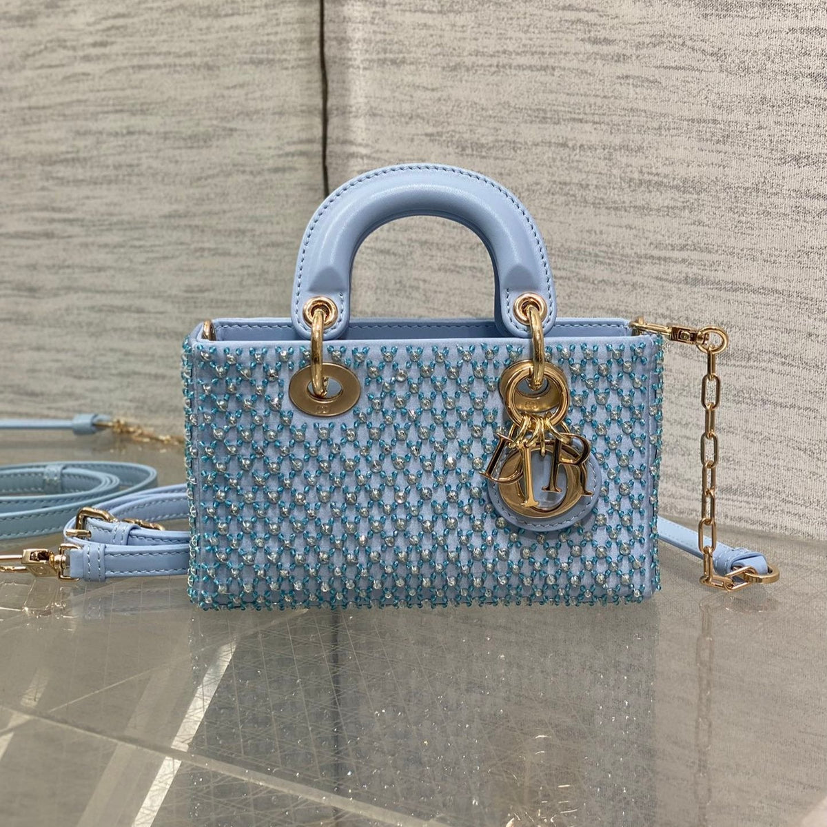 DIOR SMALL 16 LADY D-JOY BAG IN POWDER BLUE CANNAGE LAMBSKIN WITH EMBROIDERED BEADWORK BEADWORK