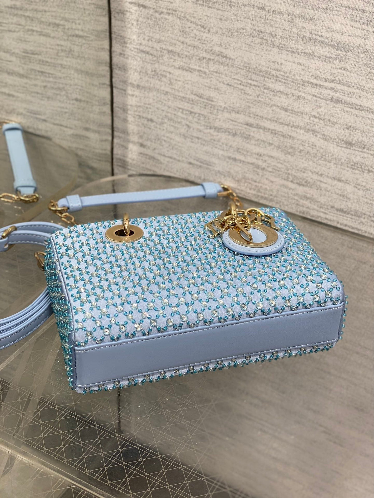 DIOR SMALL 16 LADY D-JOY BAG IN POWDER BLUE CANNAGE LAMBSKIN WITH EMBROIDERED BEADWORK BEADWORK