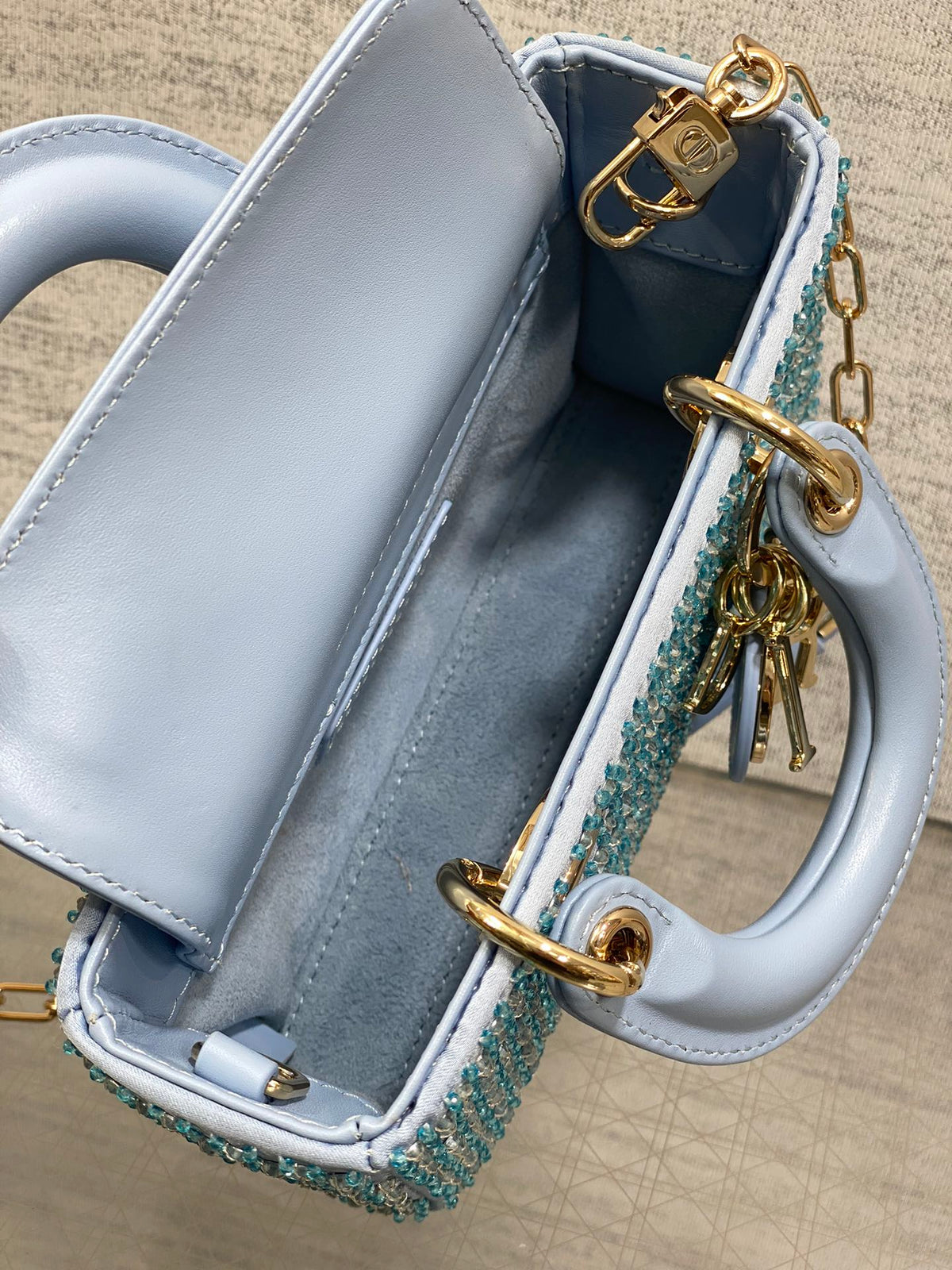 DIOR SMALL 16 LADY D-JOY BAG IN POWDER BLUE CANNAGE LAMBSKIN WITH EMBROIDERED BEADWORK BEADWORK