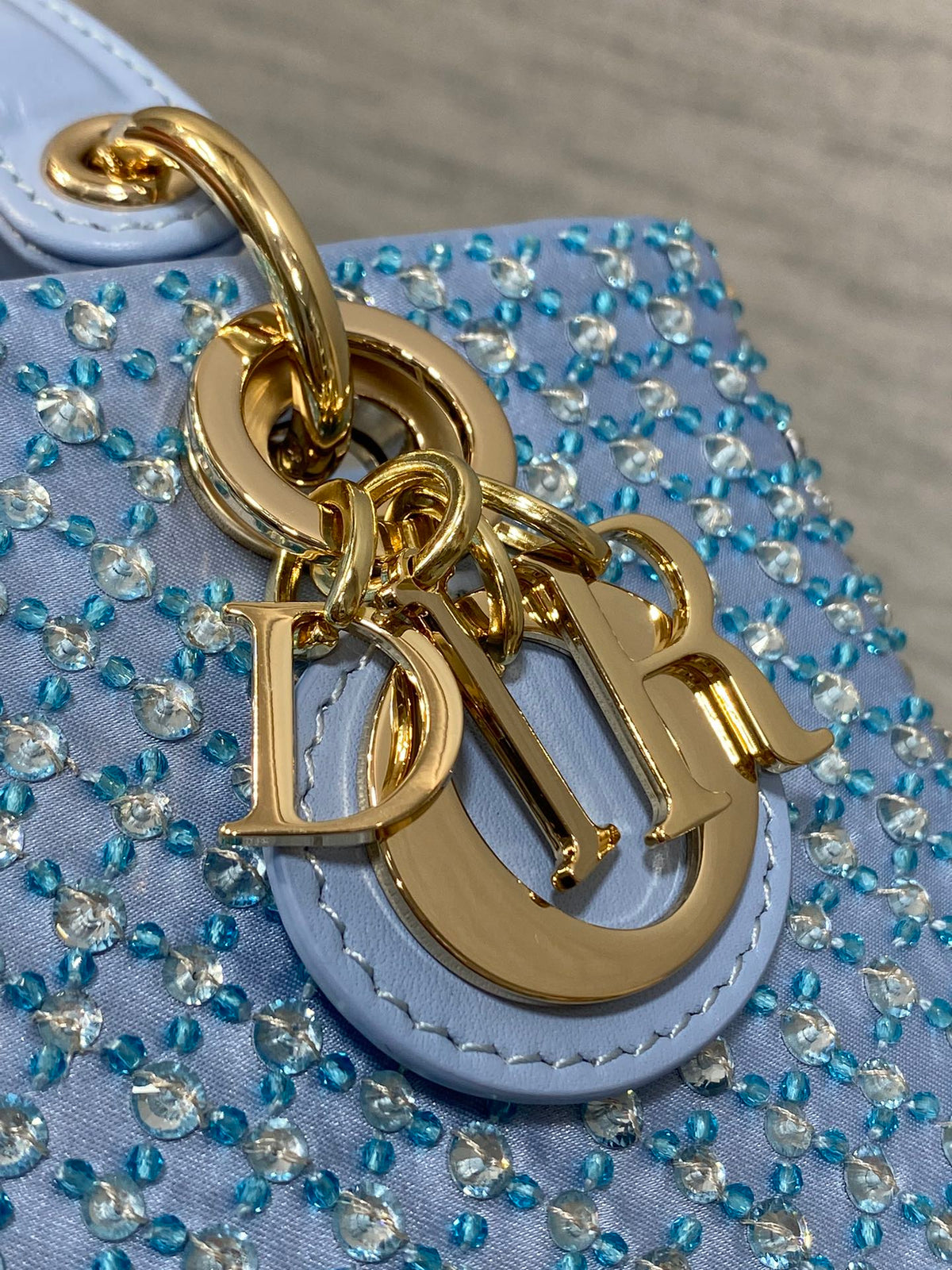 DIOR SMALL 16 LADY D-JOY BAG IN POWDER BLUE CANNAGE LAMBSKIN WITH EMBROIDERED BEADWORK BEADWORK