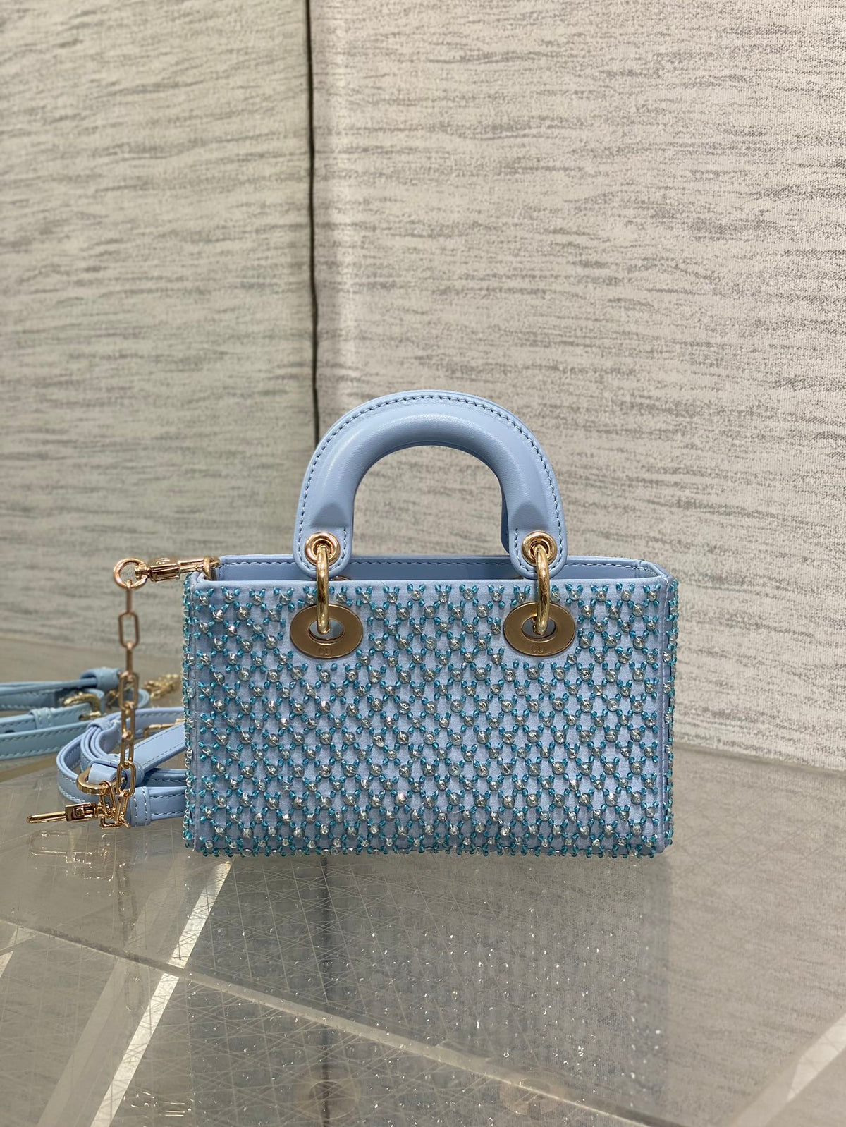 DIOR SMALL 16 LADY D-JOY BAG IN POWDER BLUE CANNAGE LAMBSKIN WITH EMBROIDERED BEADWORK BEADWORK