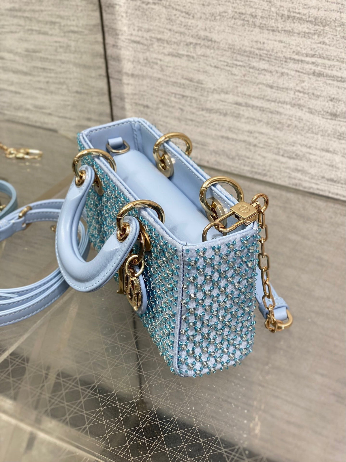 DIOR SMALL 16 LADY D-JOY BAG IN POWDER BLUE CANNAGE LAMBSKIN WITH EMBROIDERED BEADWORK BEADWORK