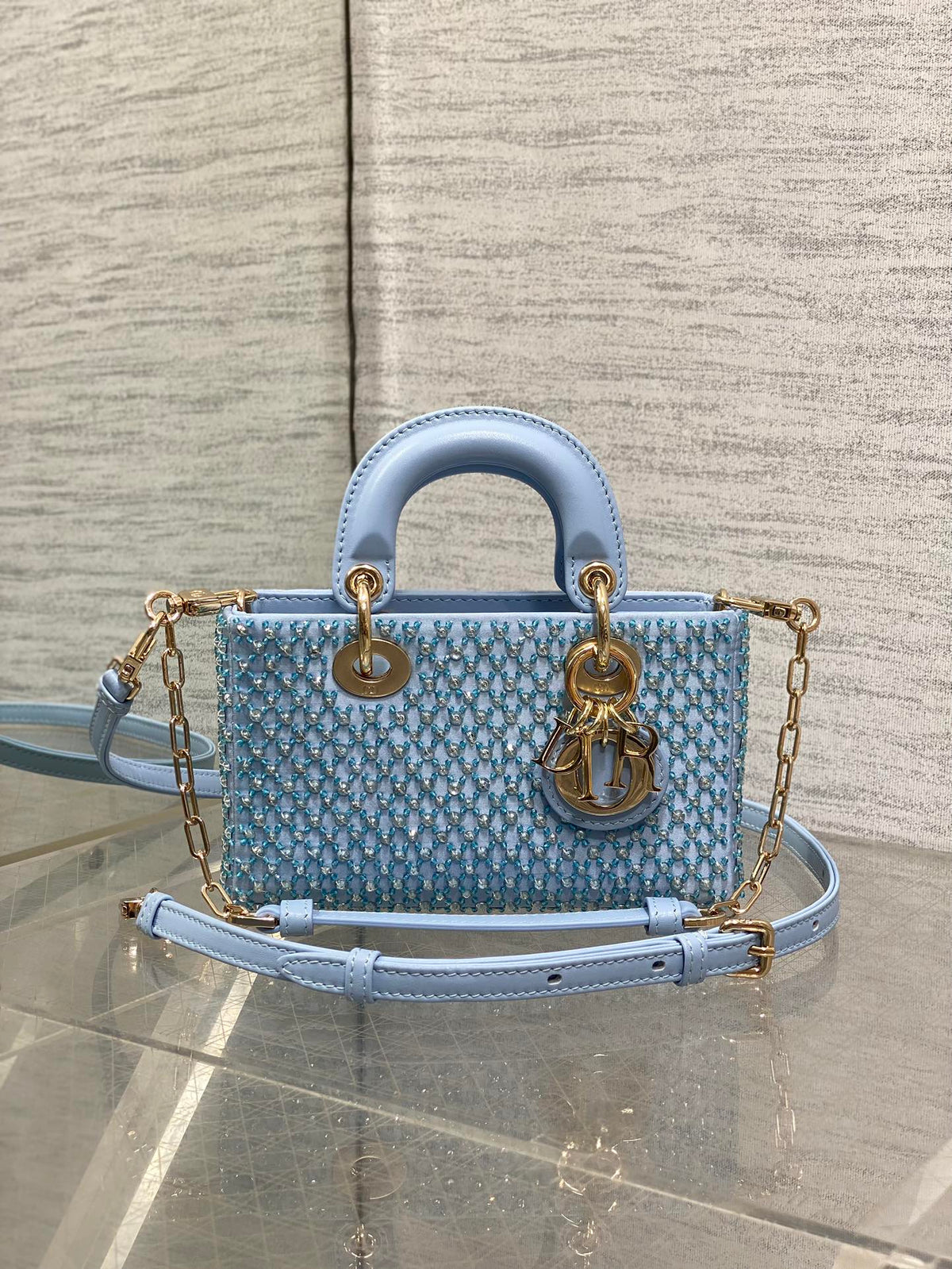 DIOR SMALL 16 LADY D-JOY BAG IN POWDER BLUE CANNAGE LAMBSKIN WITH EMBROIDERED BEADWORK BEADWORK