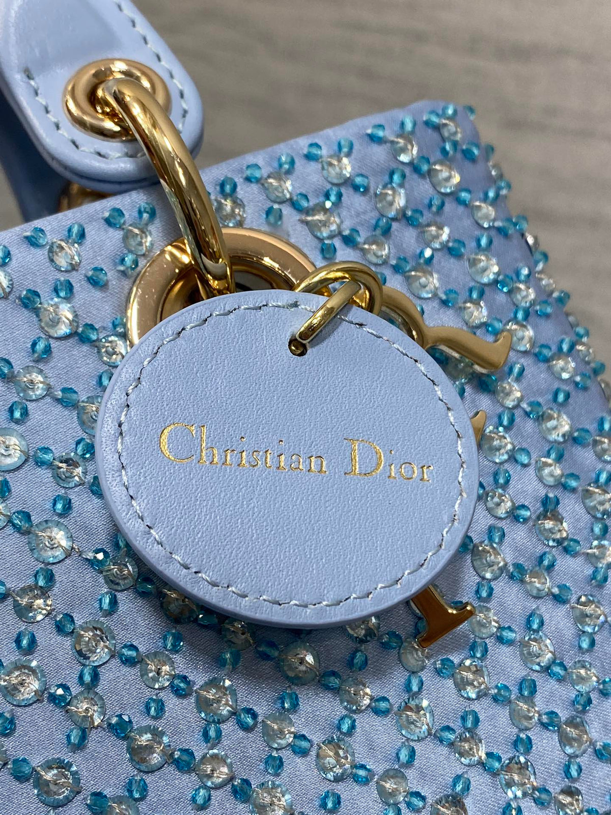 DIOR SMALL 16 LADY D-JOY BAG IN POWDER BLUE CANNAGE LAMBSKIN WITH EMBROIDERED BEADWORK BEADWORK
