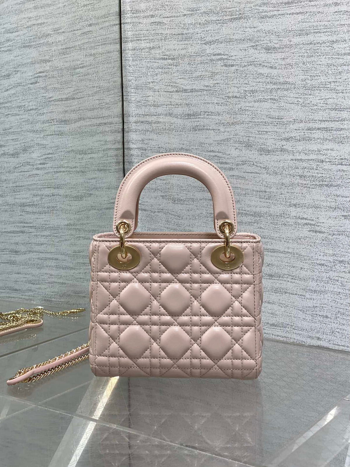 DIOR 25S MINI LADY BAG 17 IN PINK CALFSKIN CHARM CRYSTAL EMBELLISHMENTS