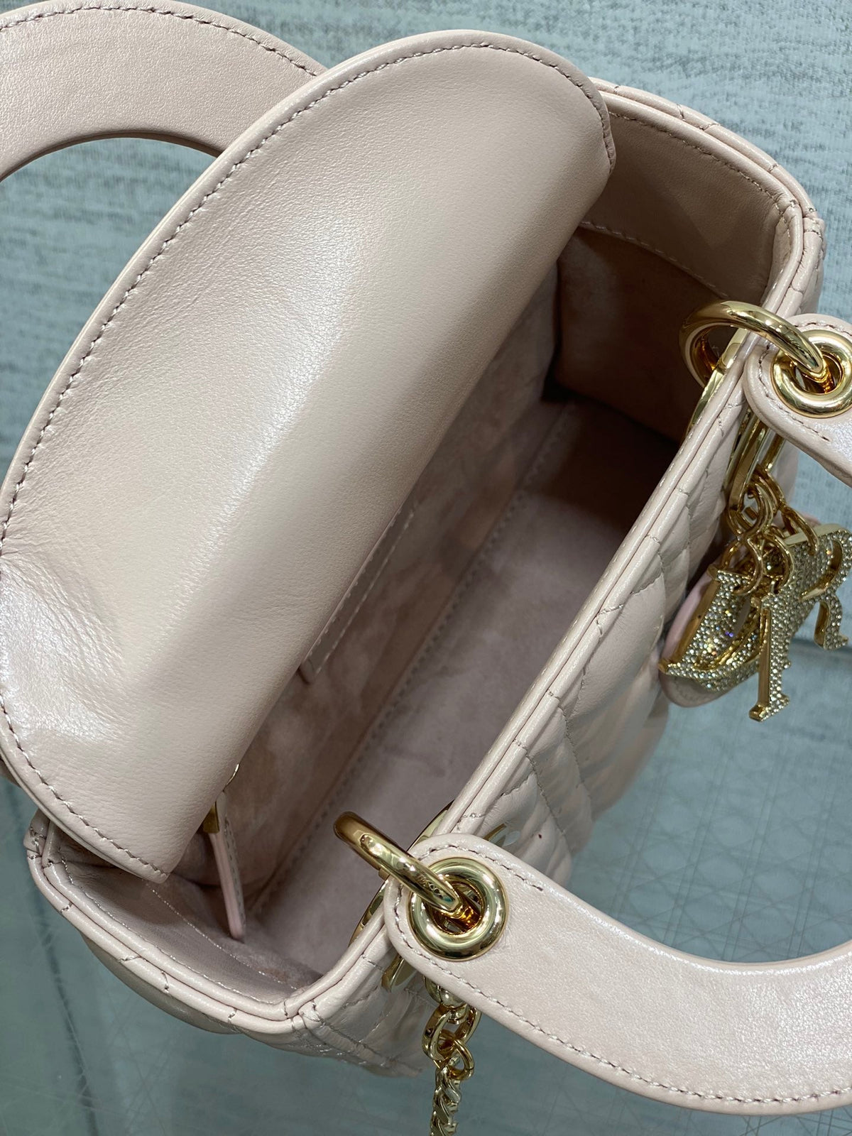 DIOR 25S MINI LADY BAG 17 IN PINK CALFSKIN CHARM CRYSTAL EMBELLISHMENTS