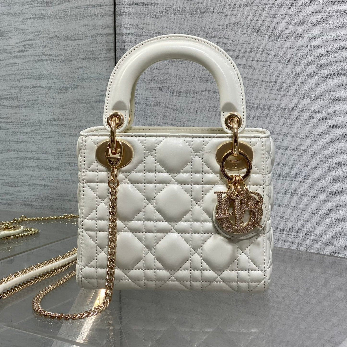 DIOR 25S MINI LADY BAG 17 IN IVORY CALFSKIN CHARM CRYSTAL EMBELLISHMENTS