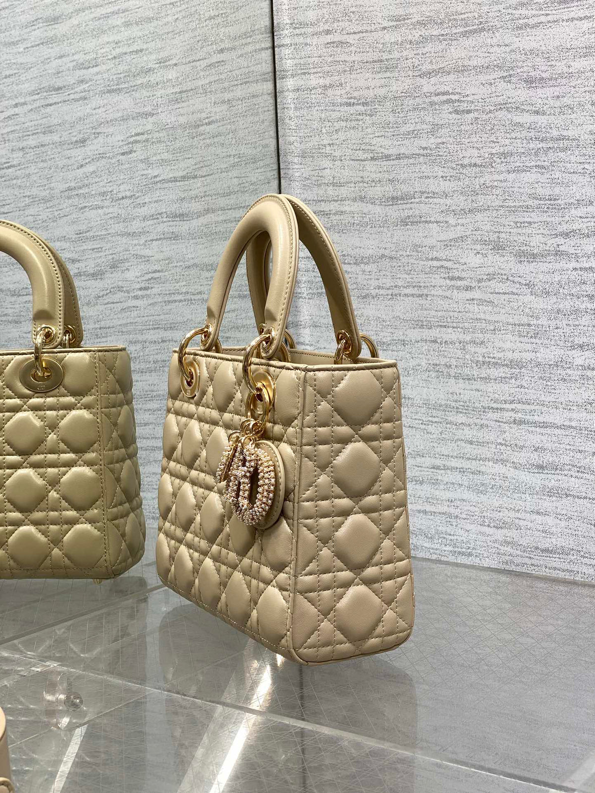 DIOR 25S LADY BAG 20 IN SAND BEIGE CALFSKIN CHARM PEARL EMBELLISHMENTS