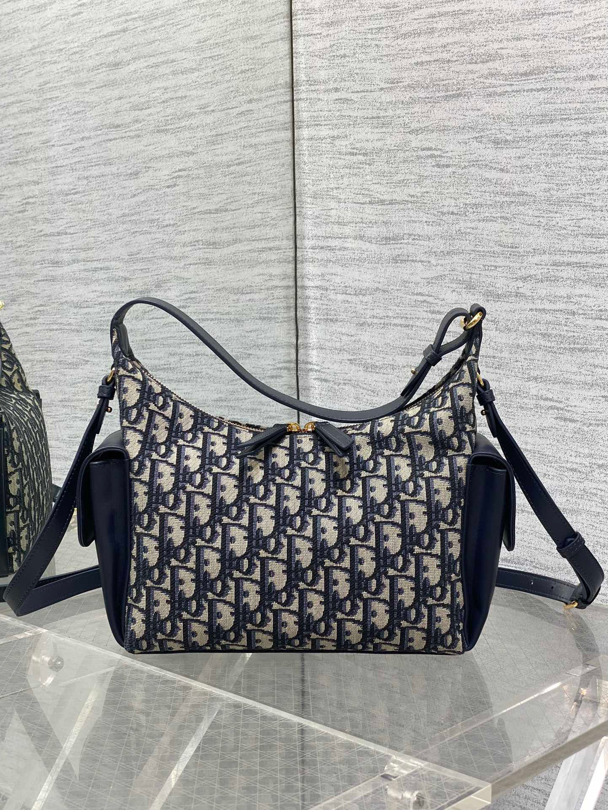 DIOR 25S MEDIUM D-DREAM BAG 24 IN BLUE OBLIQUE JACQUARD AND SMOOTH CALFSKIN