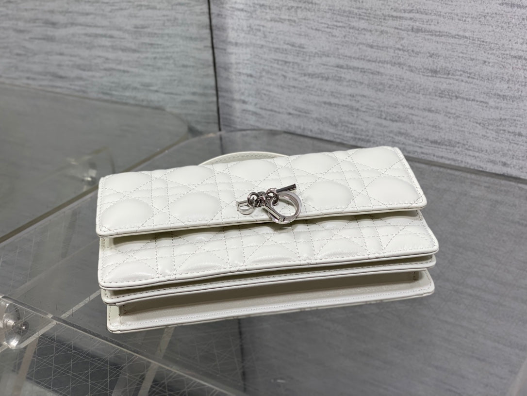 DIOR 25S TALK PHONE POUCH 21 IN WHITE CANNAGE LAMBSKIN SILVER HARDWRE