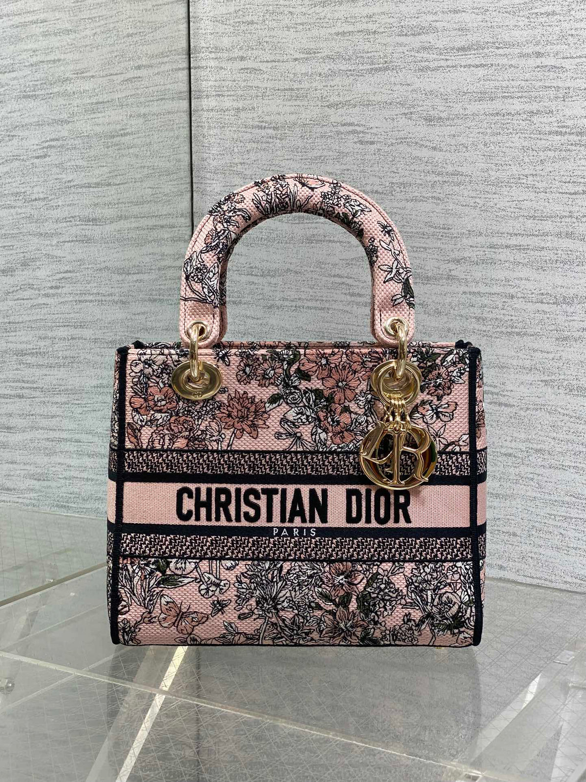 DIOR 25S SMALL LADY D-LITE BAG 24 IN PINK FLOWERS CALENDAR ALLOVER EMBROIDERY
