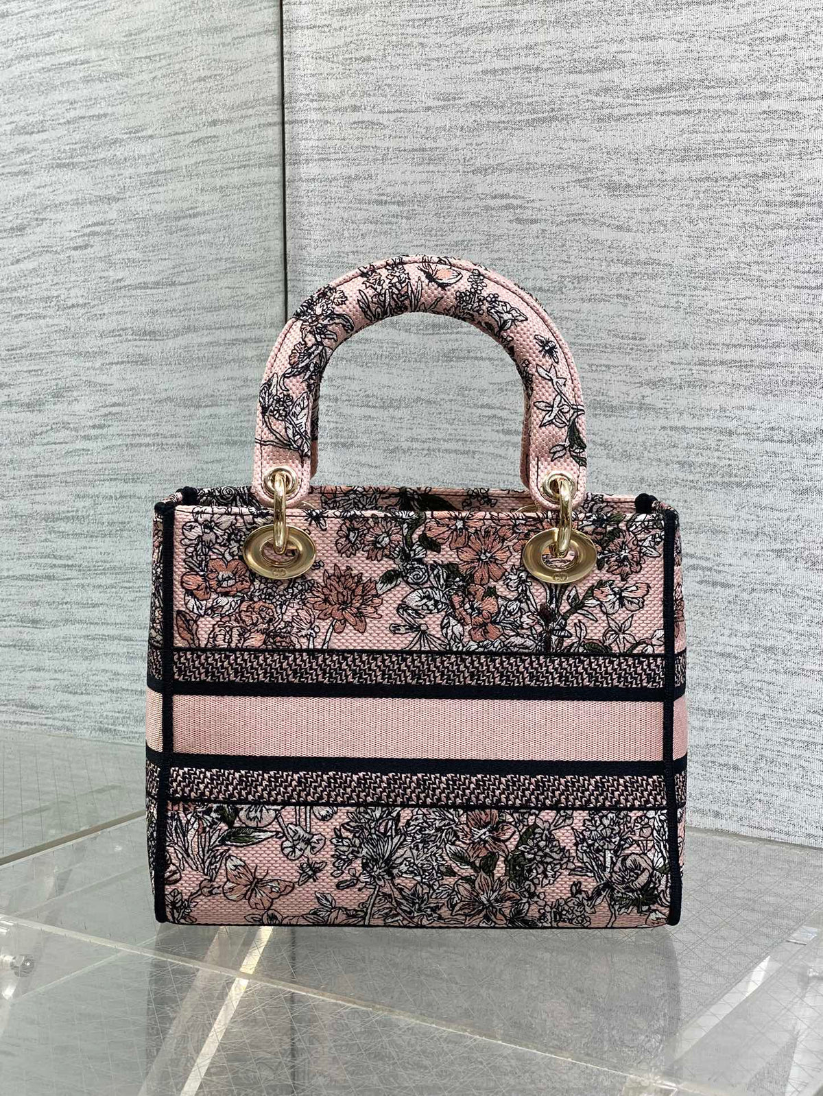 DIOR 25S SMALL LADY D-LITE BAG 24 IN PINK FLOWERS CALENDAR ALLOVER EMBROIDERY