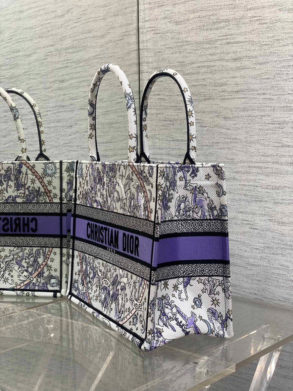 DIOR 25S LUCKY MEDIUM BOOK TOTE 36 IN WHITE AND PURPLE DIOR NIGHT OF DREAMS EMBROIDERY