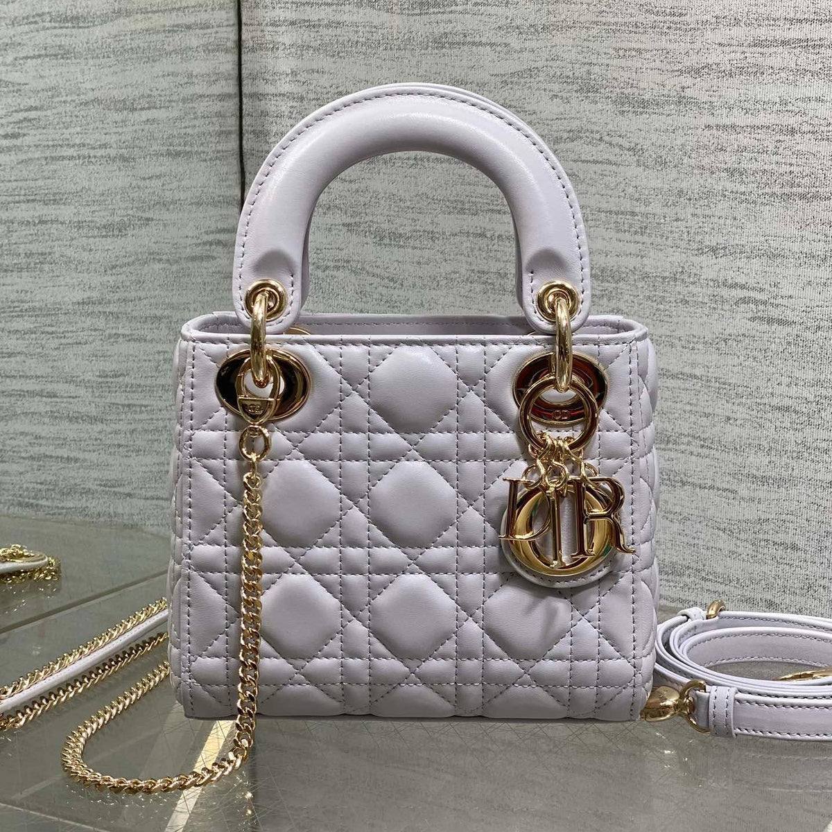 DIOR 25S MINI LADY BAG 17 IN LILAC CANNAGE CALFSKIN GOLD HARDWRE