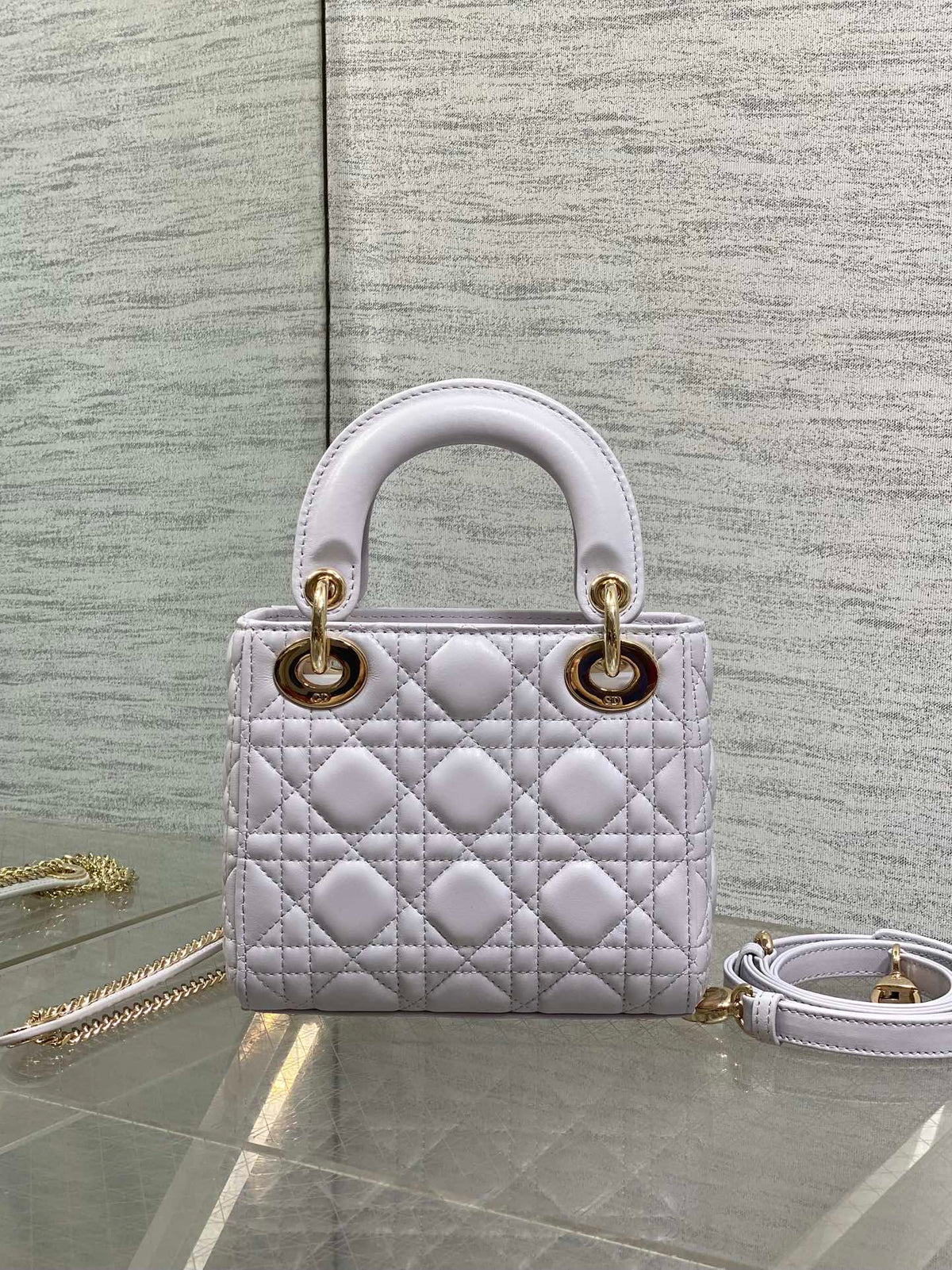 DIOR 25S MINI LADY BAG 17 IN LILAC CANNAGE CALFSKIN GOLD HARDWRE