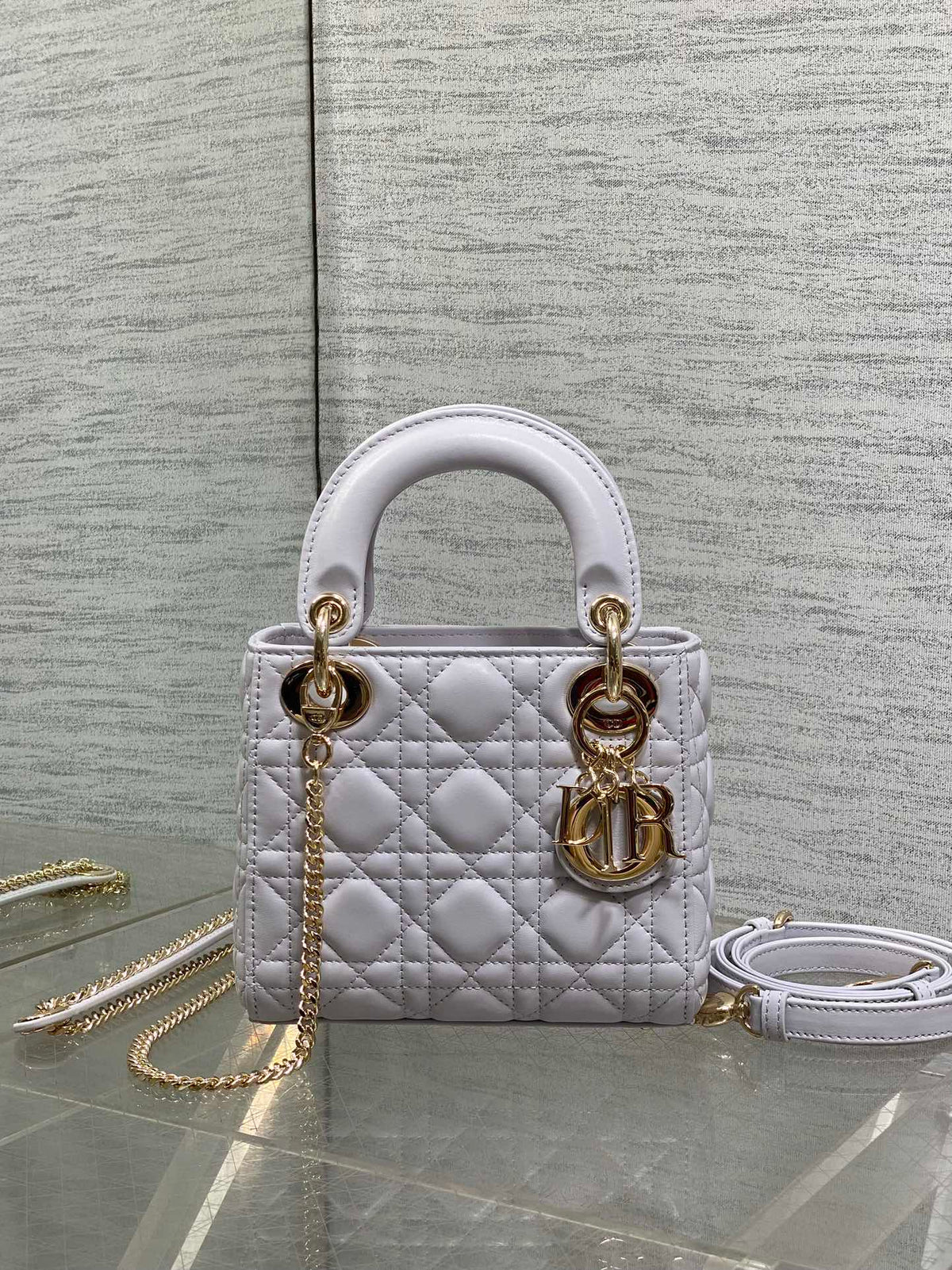 DIOR 25S MINI LADY BAG 17 IN LILAC CANNAGE CALFSKIN GOLD HARDWRE